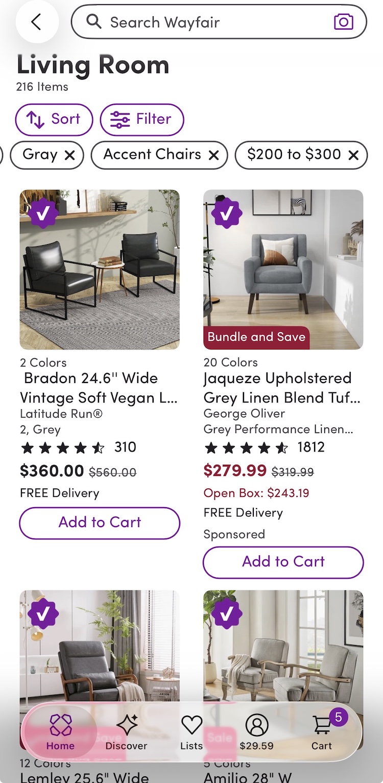Wayfair mobile product list with applied filters in an overview at the top of the list.
