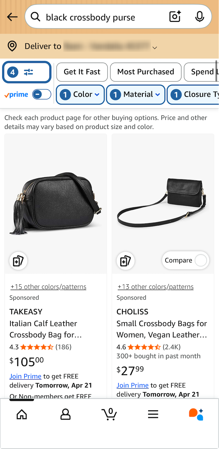 Mobile app product list with applied filter types in an overview at the top with the number “4” on the path to filtering.