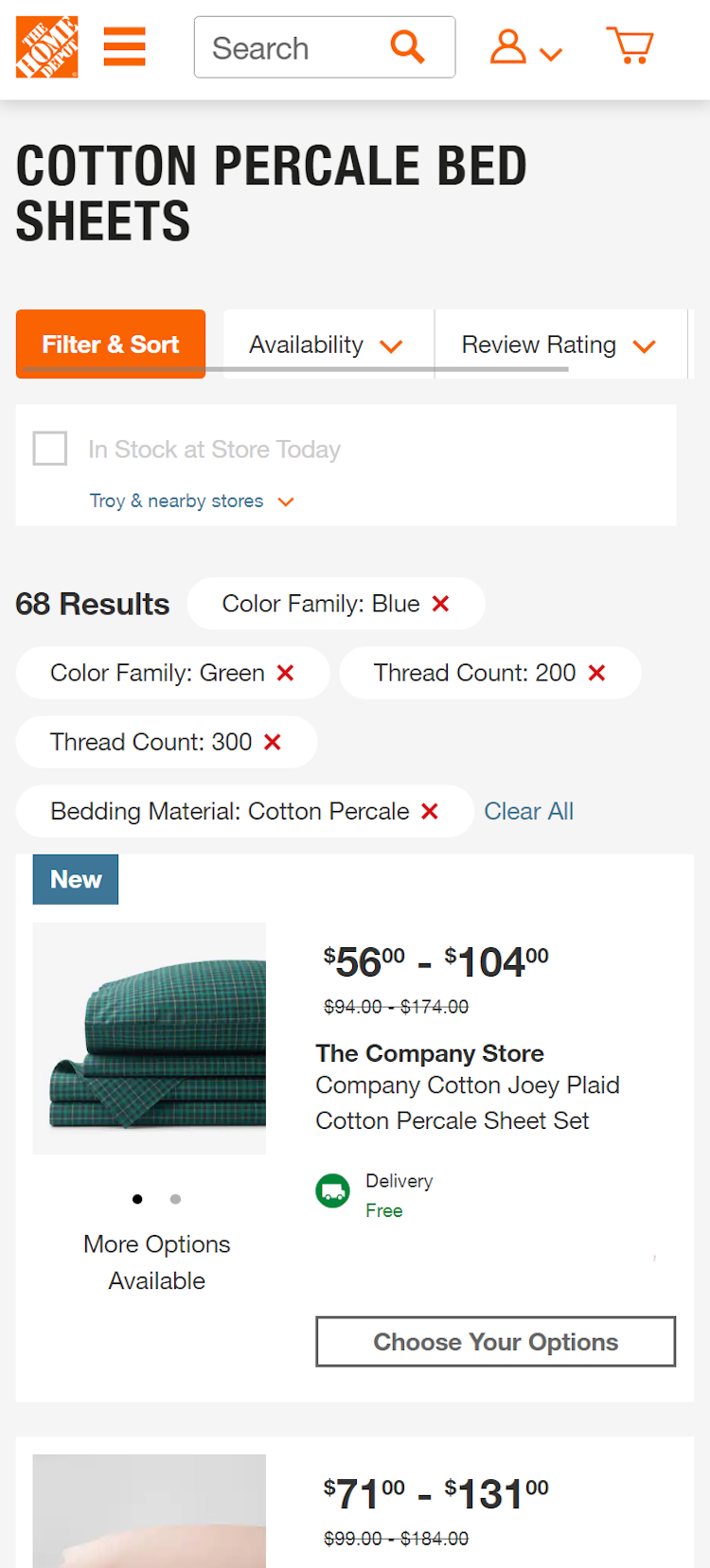 Home Depot mobile product list with applied filters stacked in an overview at the top of the list.