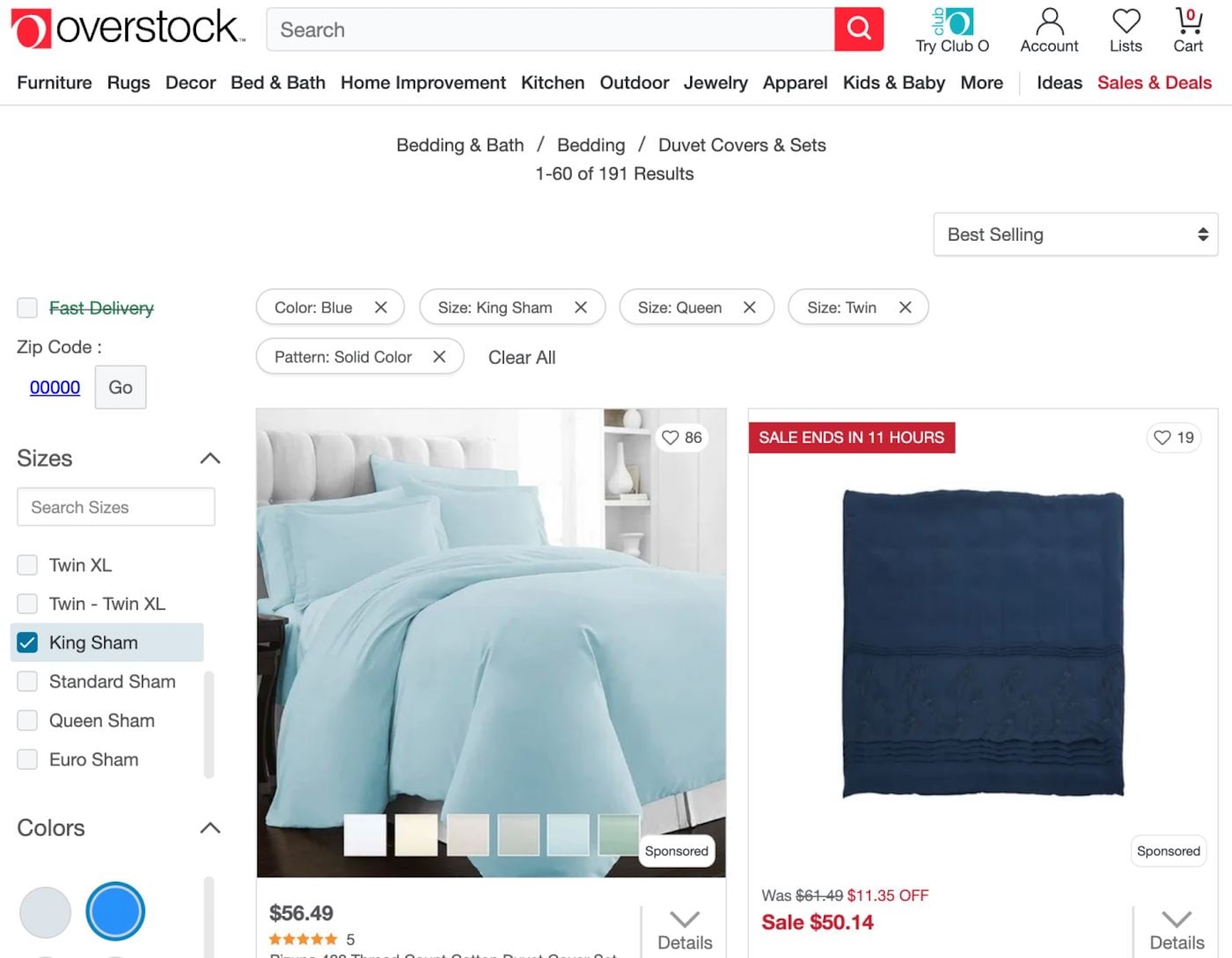 Overstock desktop product list with applied filters in an overview at the top, including filter type for each option.
