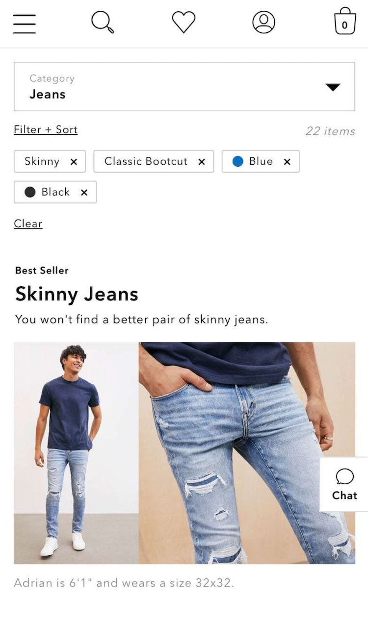 Apparel mobile product list with applied filters stacked in an overview at the top of the list.