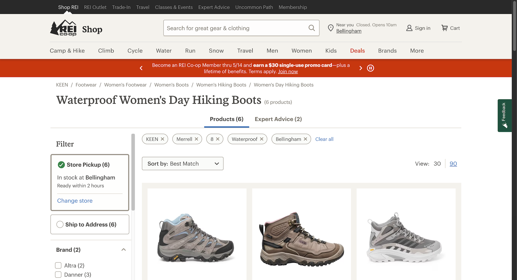 REI desktop product list of hiking boots with applied filters stacked in an overview at the top of the list.
