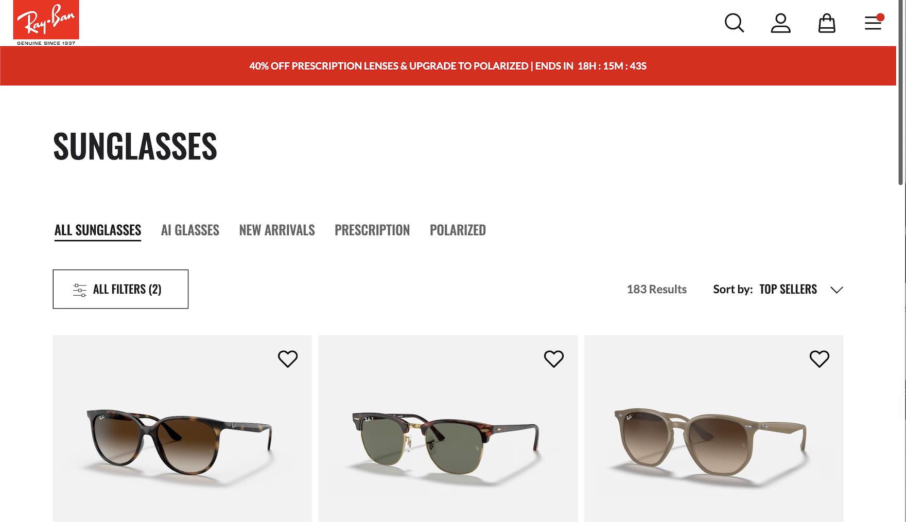 Ray-Ban desktop product list with a closed filtering interface above the list indicating ”2” filters are applied.