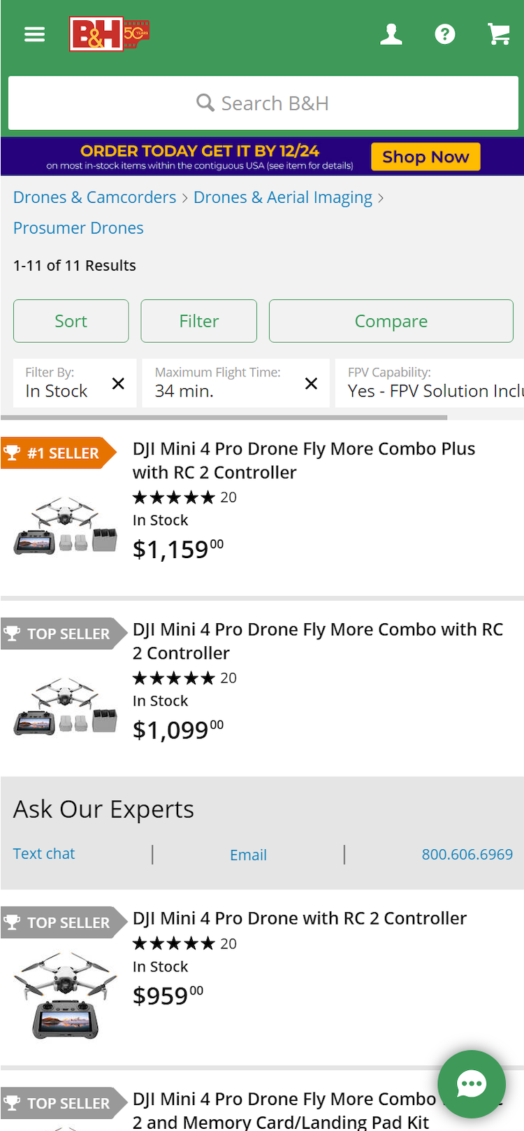 B&H Photo mobile product list with applied filters stacked in an overview at the top, including filter type for each option.